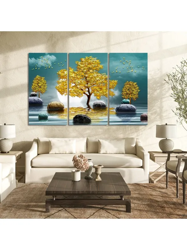 Set 3 tablouri canvas Copacul de aur – decor abstract — imaginea 2
