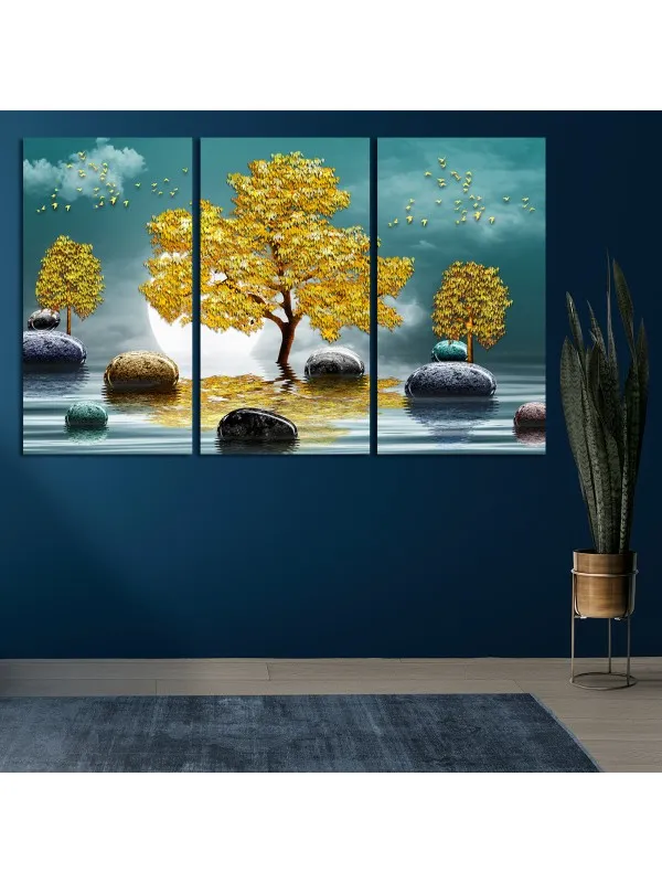 Set 3 tablouri canvas Copacul de aur – decor abstract — imaginea 3