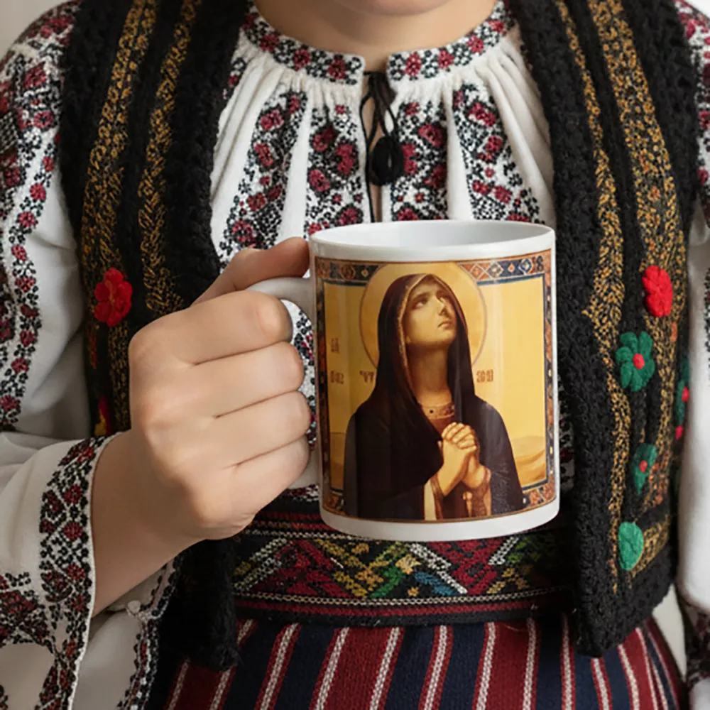 Cană cu icoana Maicii Domnului Tânguirea de la Sihăstria — imaginea 2