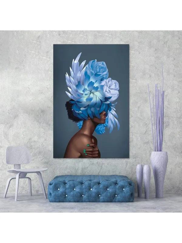 Tablou canvas Fată cu flori albastre – portret decorativ — imaginea 2