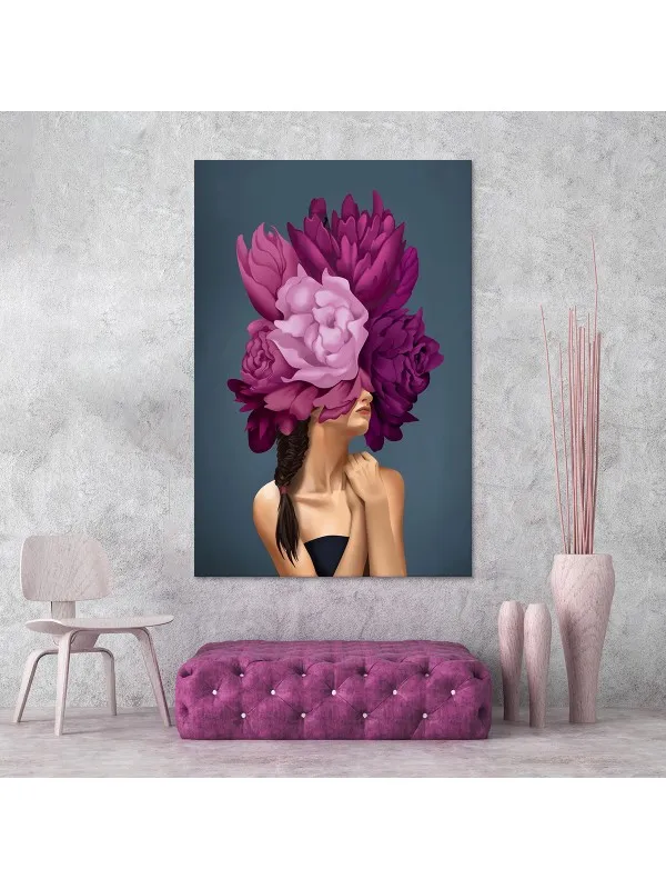 Tablou canvas Fată cu flori mov – portret decorativ — imaginea 2