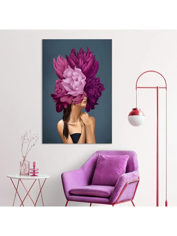 Tablou canvas Fată cu flori mov – portret decorativ — imaginea 3