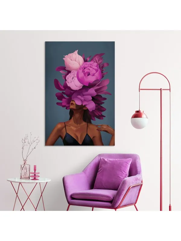 Tablou canvas Fată cu flori violet – portret decorativ — imaginea 2
