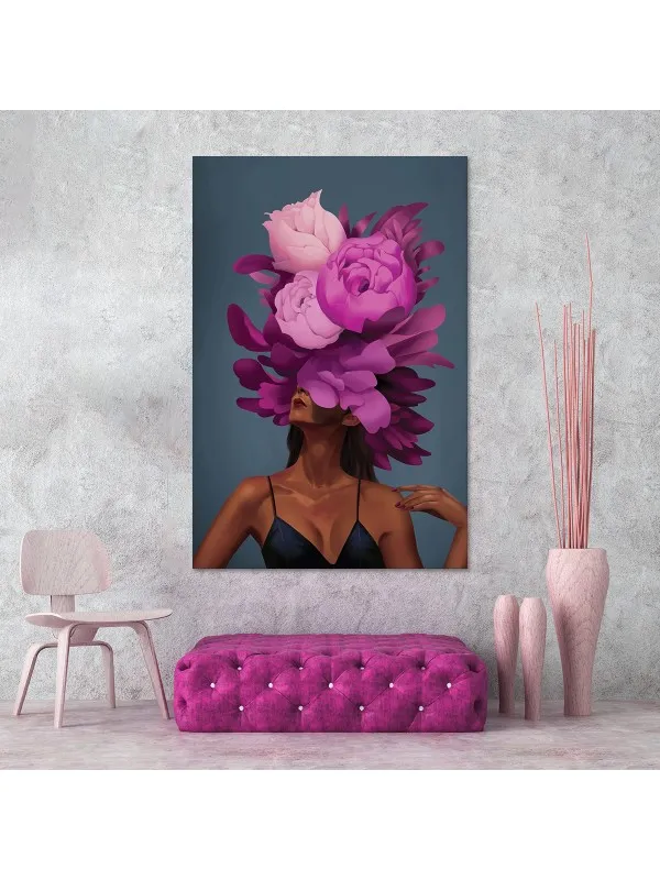 Tablou canvas Fată cu flori violet – portret decorativ — imaginea 3