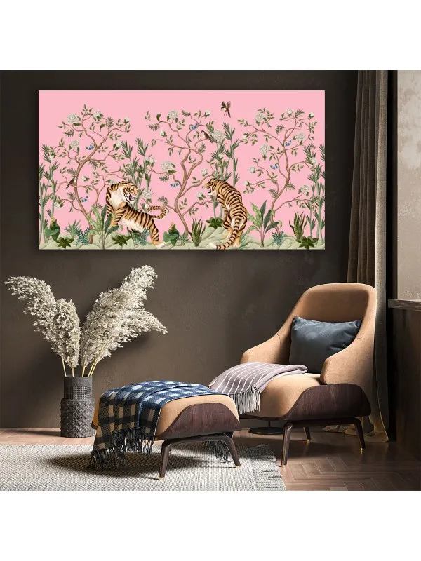 Tablou canvas Tigri și flori de piersic – decor feng shui — imaginea 2