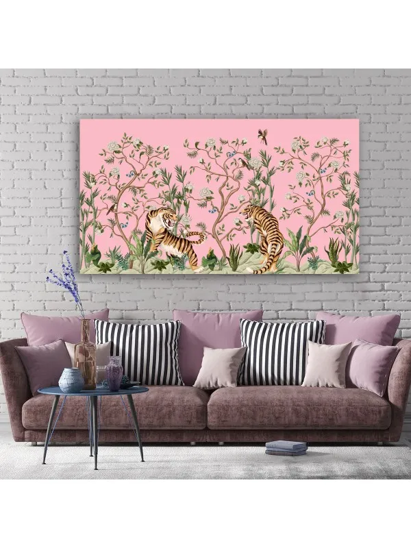 Tablou canvas Tigri și flori de piersic – decor feng shui — imaginea 3