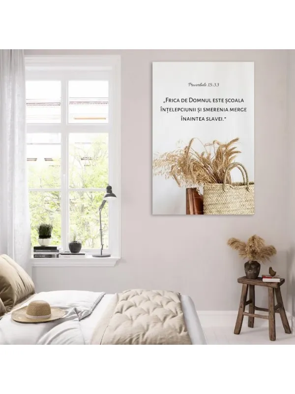 Tablou canvas Proverbele 15:33 – verset și spice în coș împletit — imaginea 3