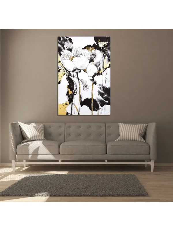 Tablou canvas Simfonie florală – abstract în alb, negru și auriu — imaginea 2