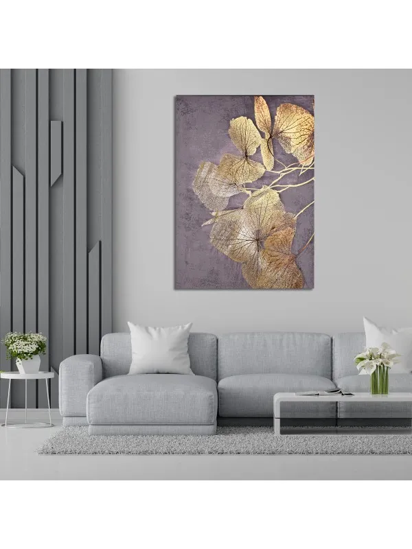 Tablou canvas Delicata floare aurie – decor minimalist cu nuanțe de gri — imaginea 2