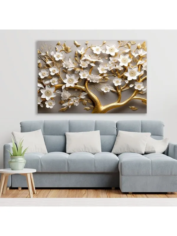 Tablou canvas Armonia florilor – compoziție albă și aurie — imaginea 2