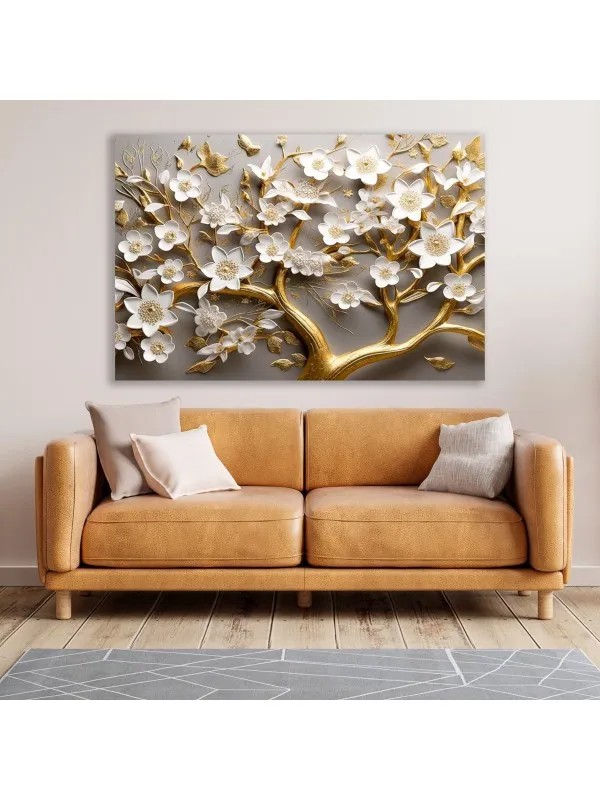 Tablou canvas Armonia florilor – compoziție albă și aurie — imaginea 3