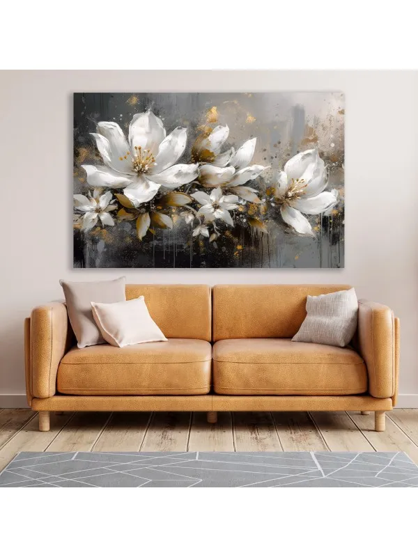 Tablou canvas Dansul petalelor albe – flori cu accente aurii — imaginea 2