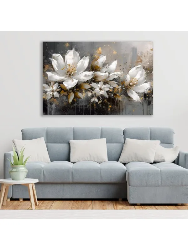 Tablou canvas Dansul petalelor albe – flori cu accente aurii — imaginea 3