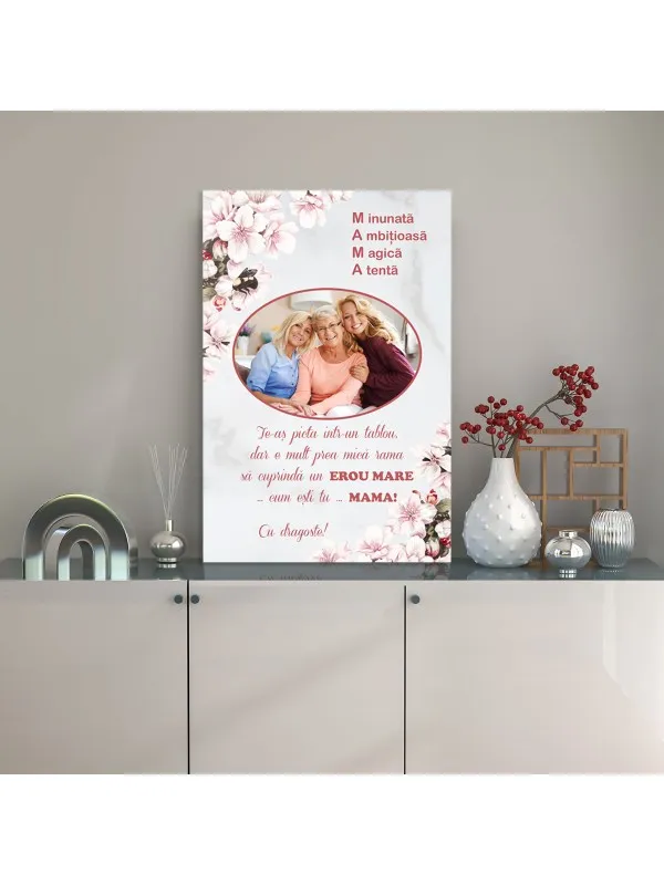 Tablou canvas personalizat pentru mama – acrostih MAMA și flori de cireș — imaginea 2