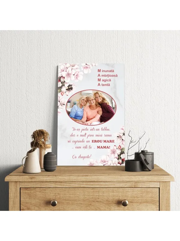 Tablou canvas personalizat pentru mama – acrostih MAMA și flori de cireș — imaginea 3