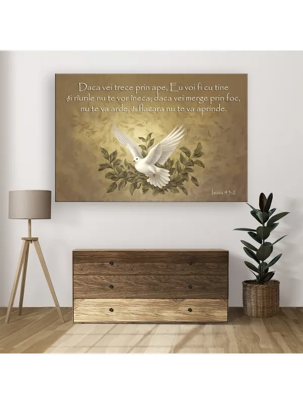 Tablou canvas Dacă vei trece prin ape (Isaia 43:2) – porumbel cu ramuri, fond auriu — imaginea 2