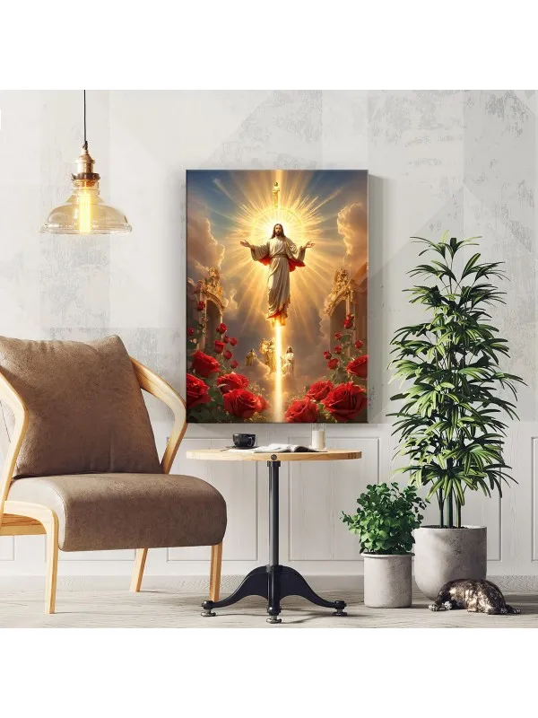Tablou canvas Înălțarea lui Iisus – lumină aurie și trandafiri roșii — imaginea 2