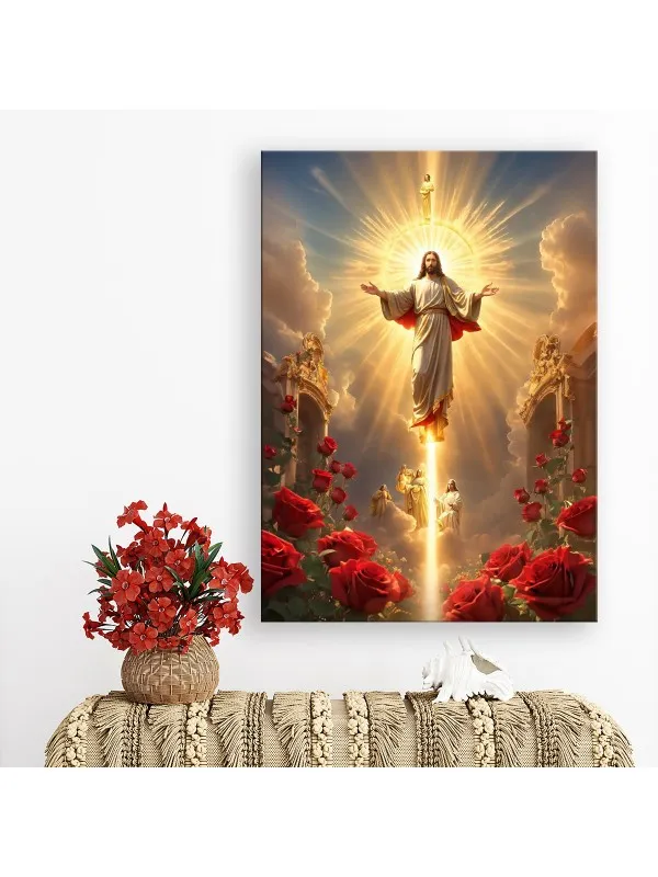 Tablou canvas Înălțarea lui Iisus – lumină aurie și trandafiri roșii — imaginea 3