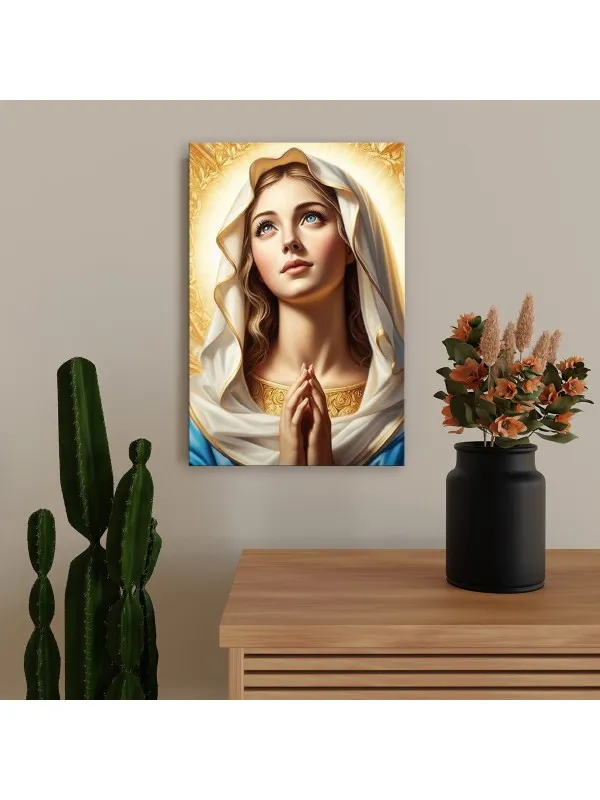 Tablou canvas Fecioara Maria – portret cu văl alb, fond auriu — imaginea 2