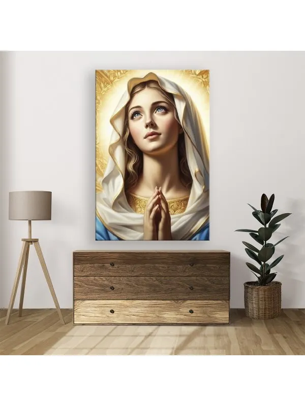 Tablou canvas Fecioara Maria – portret cu văl alb, fond auriu — imaginea 3