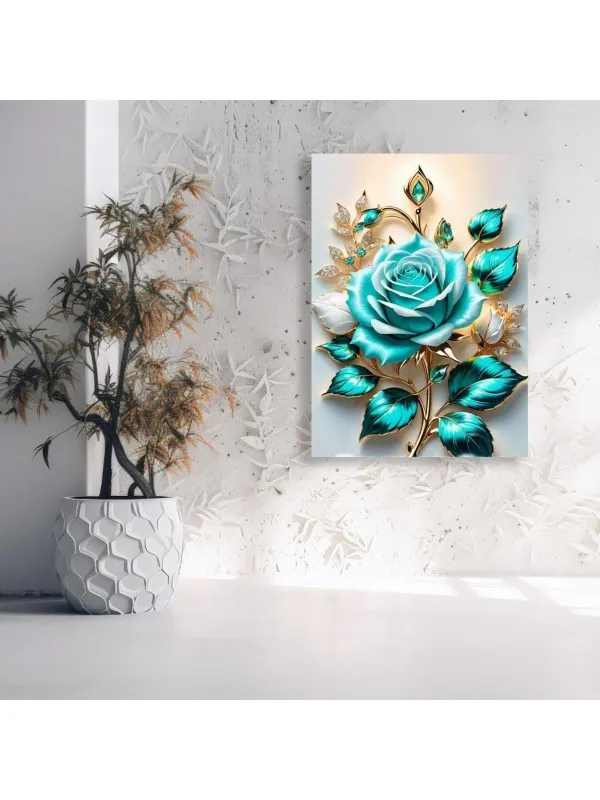 Tablou canvas Trandafirul turcoaz – floare cu detalii aurii — imaginea 3