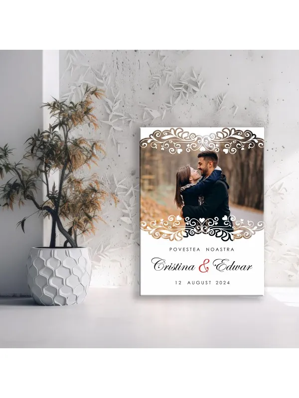 Tablou canvas personalizat Povestea noastră – poza cuplului, nume și dată — imaginea 2