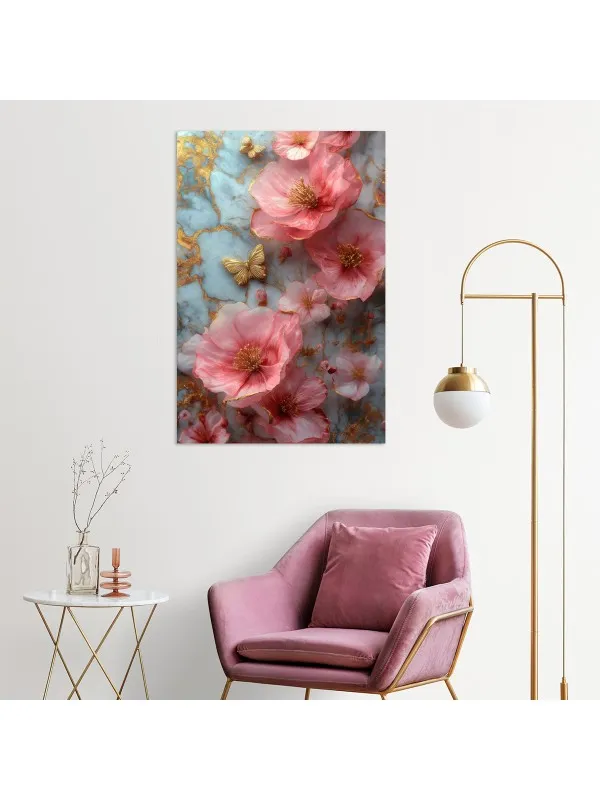 Tablou canvas Dansul petalelor roz – fluturi aurii pe fond marmorat — imaginea 2