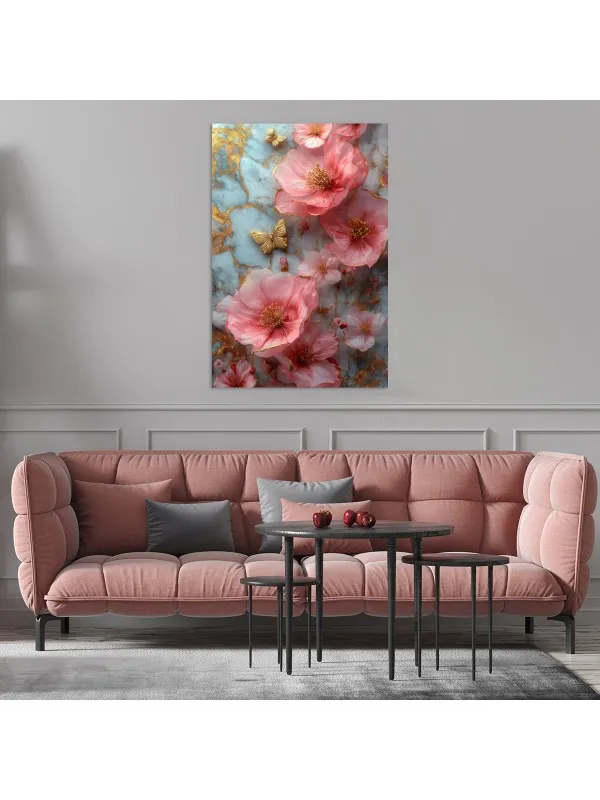 Tablou canvas Dansul petalelor roz – fluturi aurii pe fond marmorat — imaginea 3