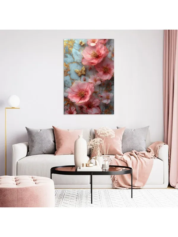 Tablou canvas Dansul petalelor roz – fluturi aurii pe fond marmorat — imaginea 4