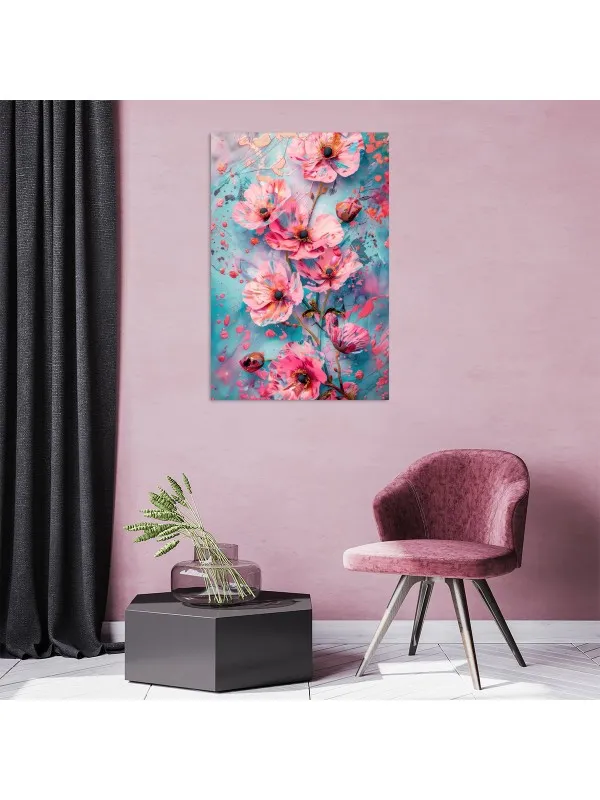 Tablou canvas Ecouri florale – fundal abstract turcoaz cu accente aurii — imaginea 2