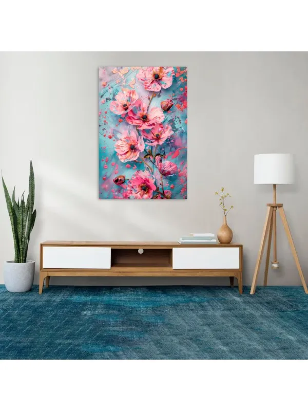 Tablou canvas Ecouri florale – fundal abstract turcoaz cu accente aurii — imaginea 3