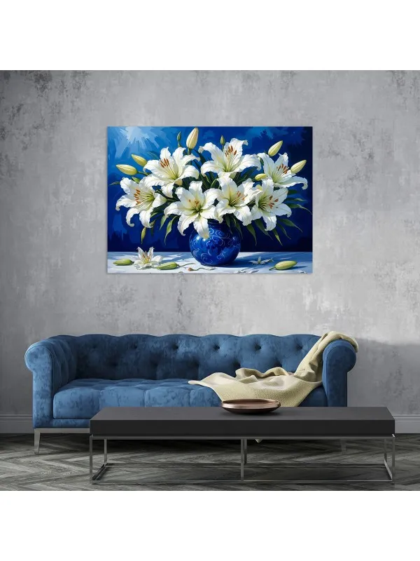 Tablou canvas Armonie de crini – flori albe pe fond albastru — imaginea 2