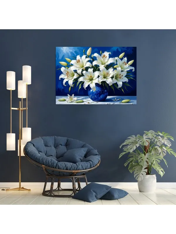 Tablou canvas Armonie de crini – flori albe pe fond albastru — imaginea 3