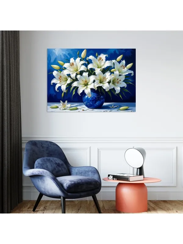 Tablou canvas Armonie de crini – flori albe pe fond albastru — imaginea 4