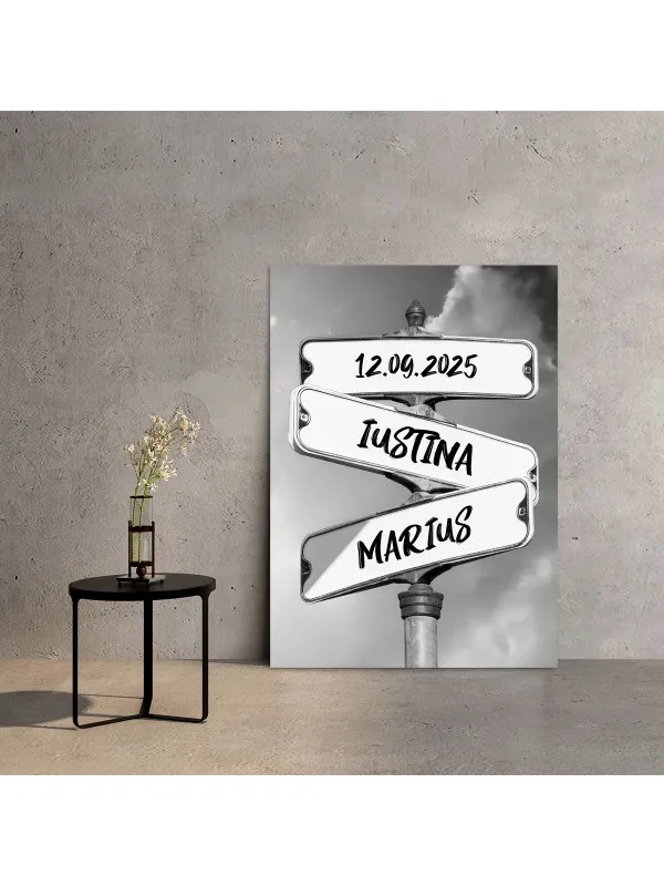 Tablou canvas personalizat Direcția Fericirii – indicator cu nume și dată — imaginea 2