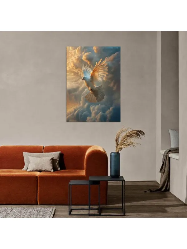 Tablou canvas Zborul libertății – porumbel alb printre nori — imaginea 3