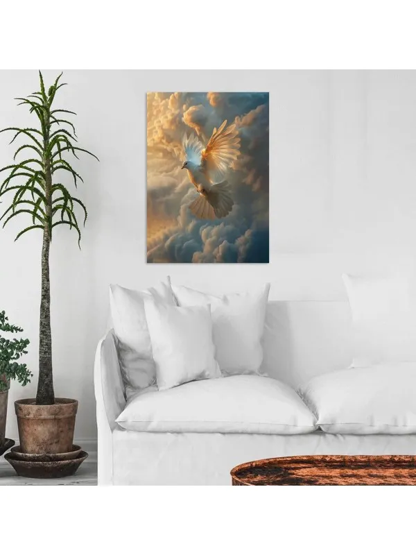 Tablou canvas Zborul libertății – porumbel alb printre nori — imaginea 4