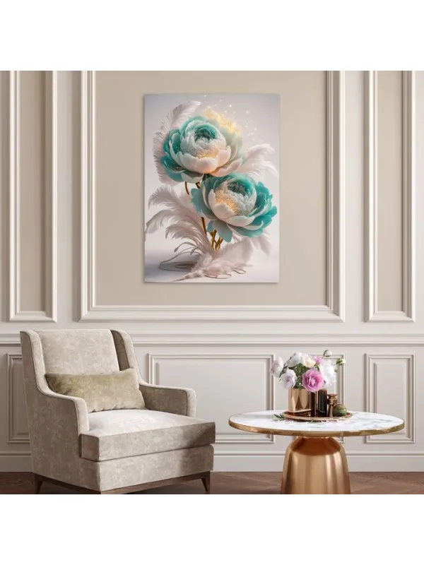 Tablou canvas Simfonie de bujori și pene – compoziție florală — imaginea 2
