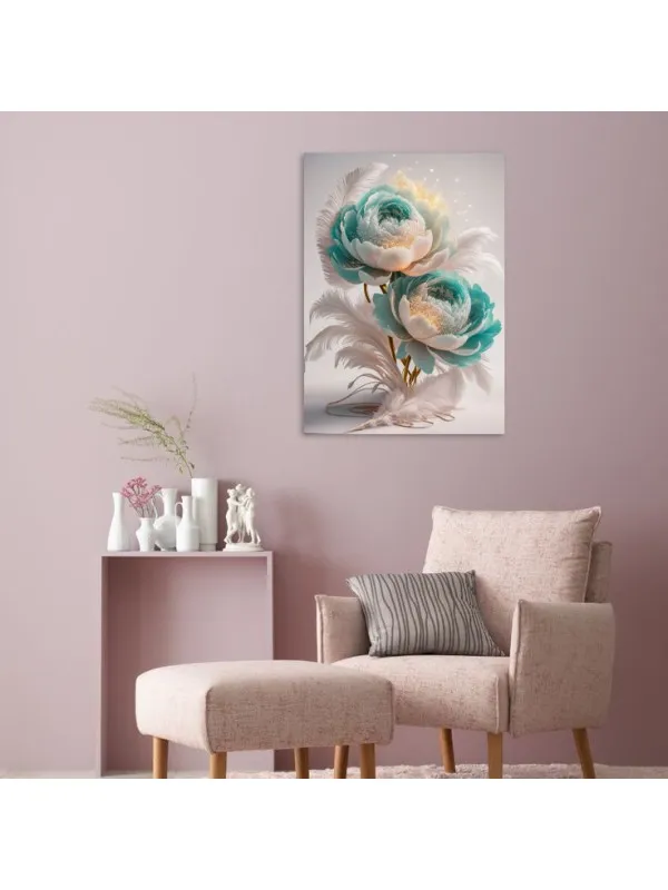Tablou canvas Simfonie de bujori și pene – compoziție florală — imaginea 3