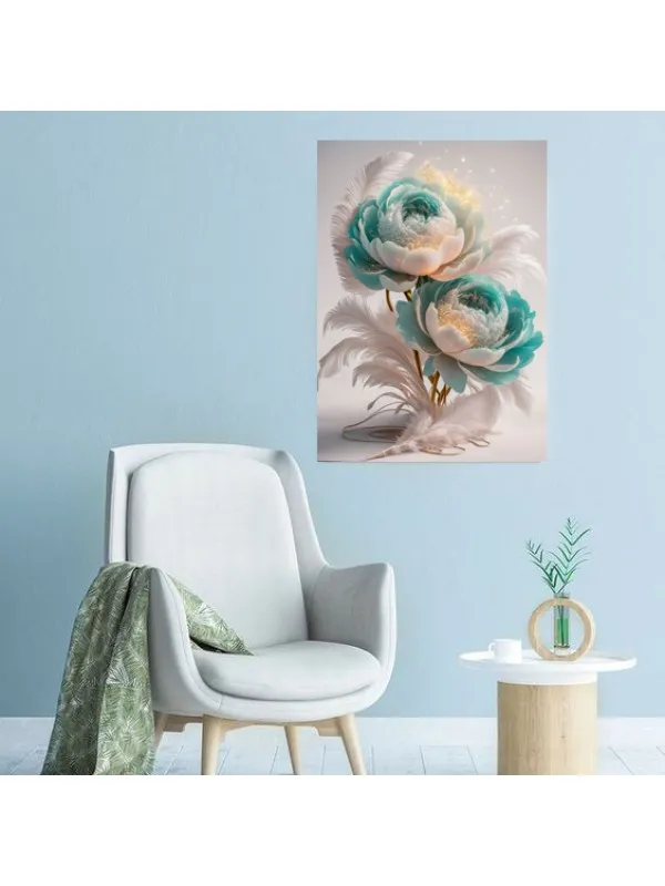 Tablou canvas Simfonie de bujori și pene – compoziție florală — imaginea 4