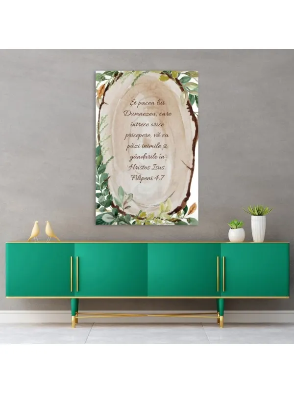 Tablou canvas Pacea lui Dumnezeu – Filipeni 4:7 pe felie de lemn și frunze — imaginea 2