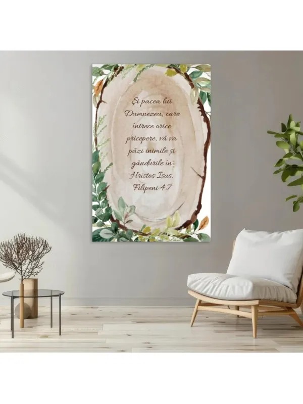 Tablou canvas Pacea lui Dumnezeu – Filipeni 4:7 pe felie de lemn și frunze — imaginea 3