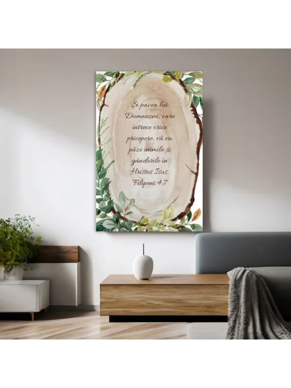 Tablou canvas Pacea lui Dumnezeu – Filipeni 4:7 pe felie de lemn și frunze — imaginea 4