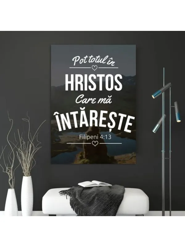 Tablou canvas Pot totul în Hristos – Filipeni 4:13 pe fond montan întunecat — imaginea 2