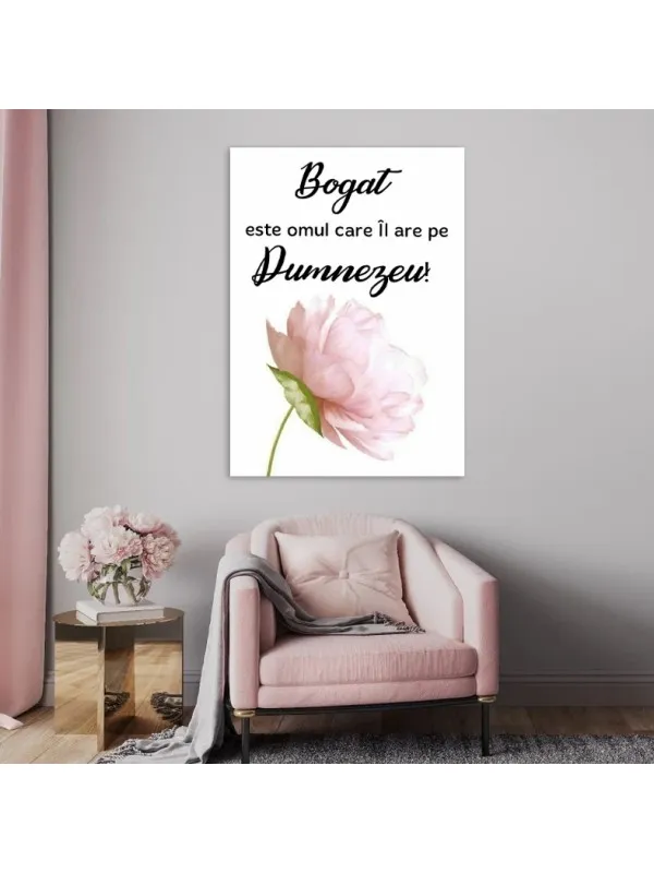 Tablou canvas Bogat este omul care îl are pe Dumnezeu – citat cu floare roz — imaginea 2