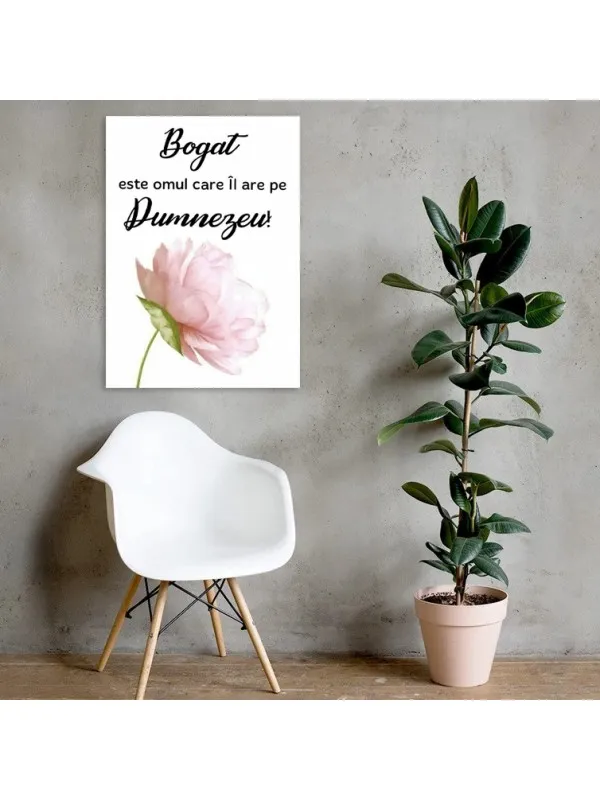Tablou canvas Bogat este omul care îl are pe Dumnezeu – citat cu floare roz — imaginea 3