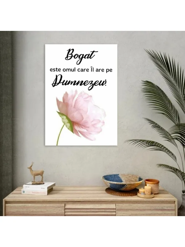 Tablou canvas Bogat este omul care îl are pe Dumnezeu – citat cu floare roz — imaginea 4