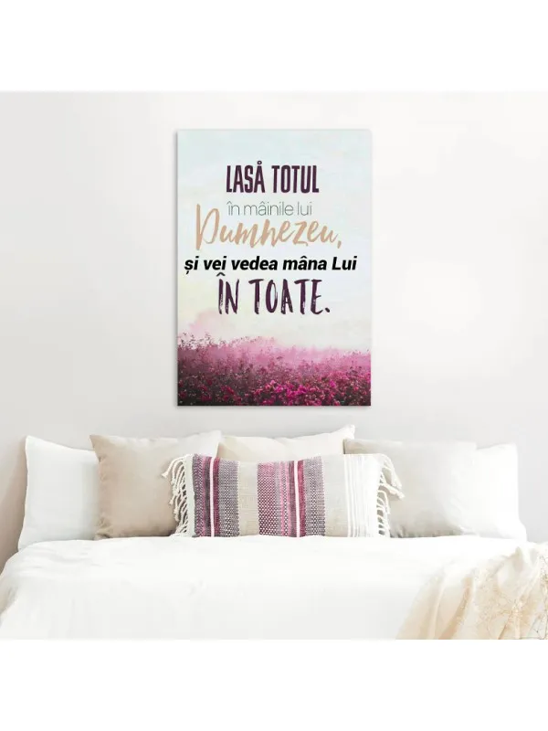 Tablou canvas Lasă totul în mâinile lui Dumnezeu – citat cu câmp de flori mov — imaginea 2