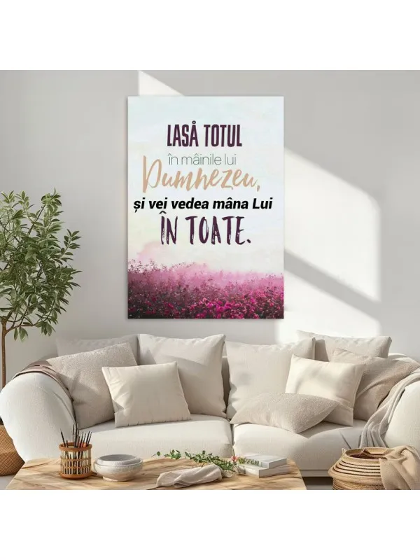 Tablou canvas Lasă totul în mâinile lui Dumnezeu – citat cu câmp de flori mov — imaginea 3