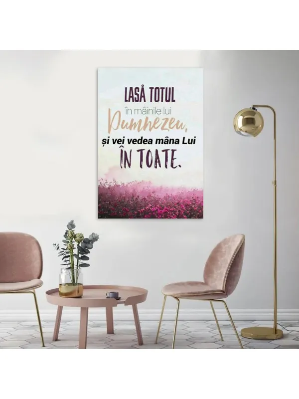 Tablou canvas Lasă totul în mâinile lui Dumnezeu – citat cu câmp de flori mov — imaginea 4